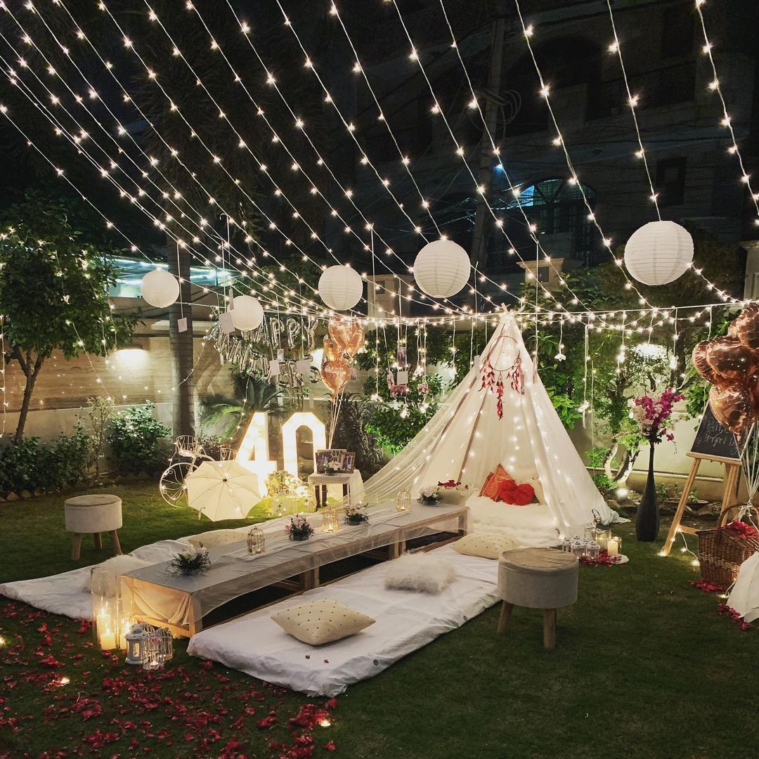 Rooftop and terrace decoration by The Tenderful - fairy light lounge setup with tent
